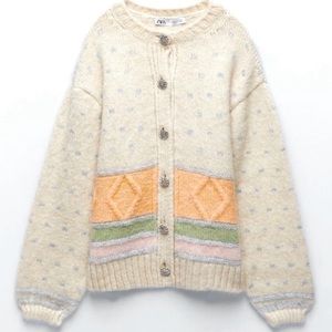 Zara Jewel Cream Pastel Button Jacket Cardigan Knit Oversized Medium